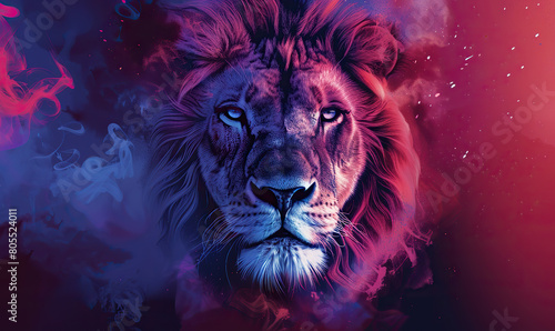 A colorful depiction of a lion s face amidst swirling neon smoke. Generate Ai