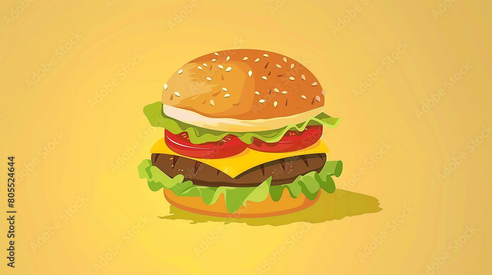 a cartoon hamburger with cheese. Image with copyspace and yellow background a cartoon hamburger with cheese. Image with copyspace and yellow background