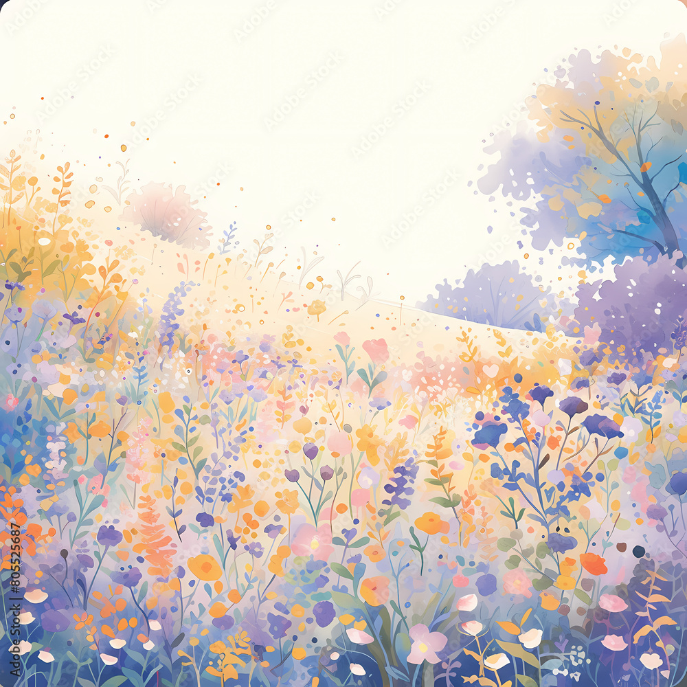 Elegant Meadow Scene in Pastel Colors - Floral Watercolor Banner for Nature-Inspired Designs