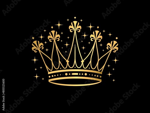A gold crown with five points and flourishes on a black background. photo