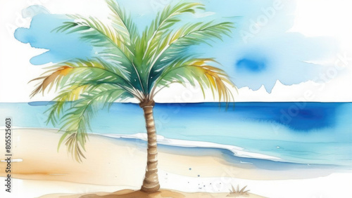 Watercolor illustration summer day on beach with palm tree, traveling, relaxing and rest concept, copy space, protection the oceans, postcard
