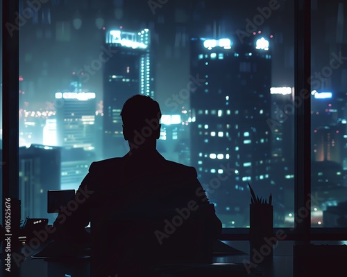 A man looking out the window at a futuristic city at night.