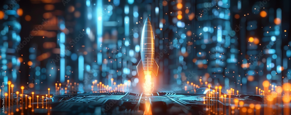 Corporate meeting scene with a digital tablet showing a 3D rocket and upward arrows, glowing signs of upward mobility and success