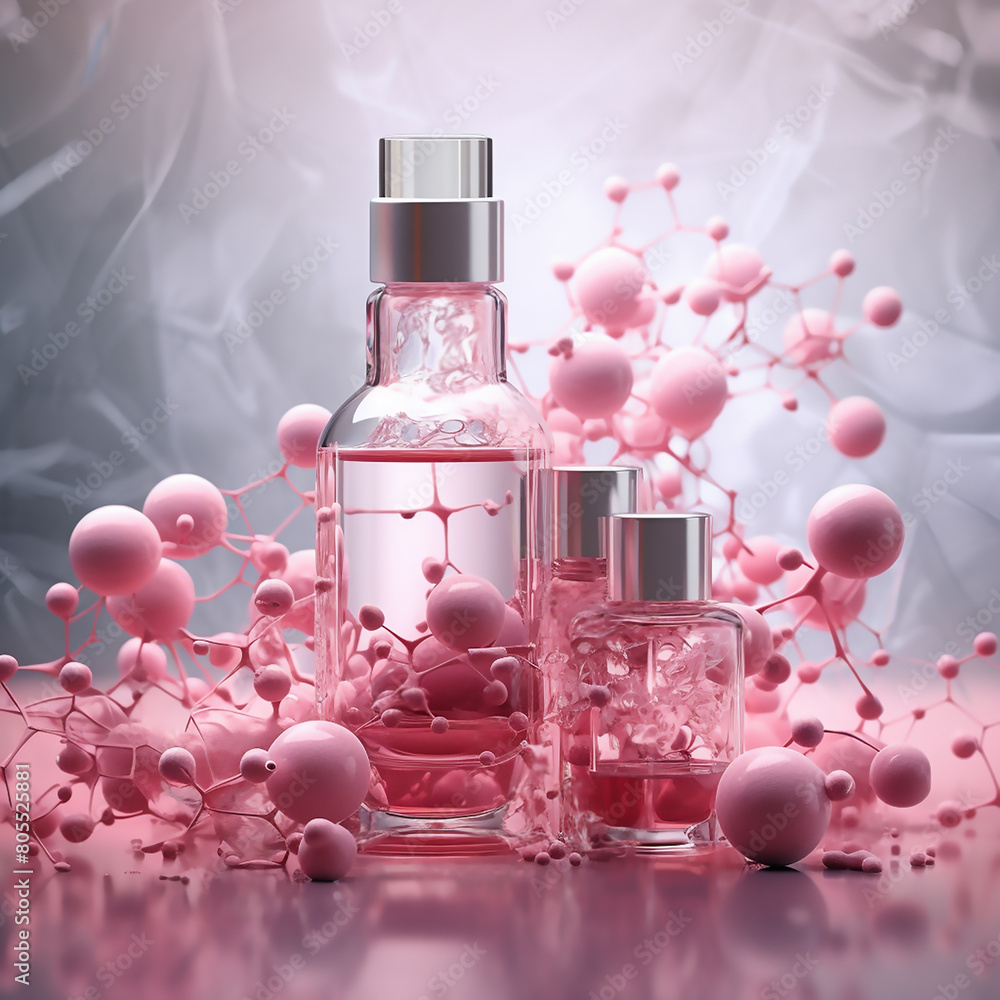 A display of cosmetic bottles encircled by a symbolic pink nano-grid, highlighting innovative molecular formulas for skin rejuvenation. A display of cosmetic bottles encircled by a symbolic pink nano-grid, highlighting innovative molecular formulas for skin rejuvenation.