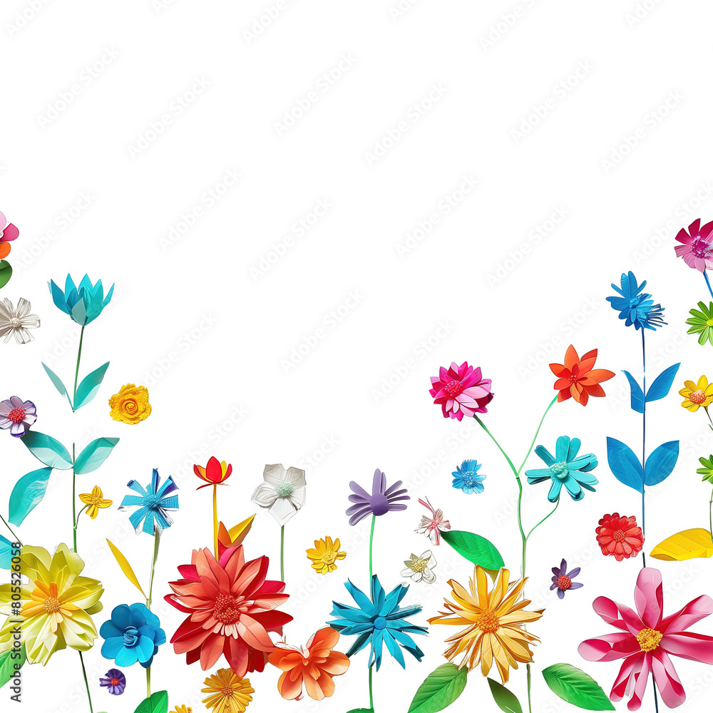 Wizualizacja przedstawia grupę kolorowych kwiatów na czystym białym tle. Kwiaty różnią się kształtem, kolorem i wielkością, tworząc interesujący i wesoły obraz