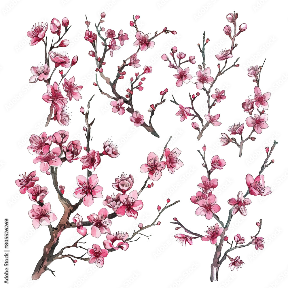 Fototapeta premium Cherry blossom flower stalk on white background,png