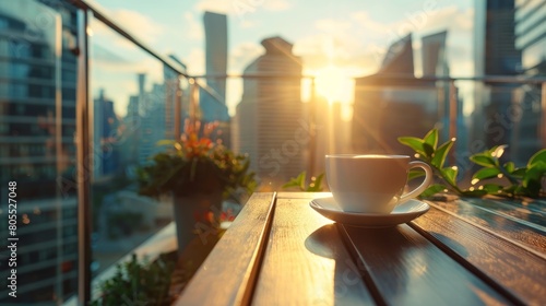 A cup of coffee on sunlit balcony in a big city on sunny morning.