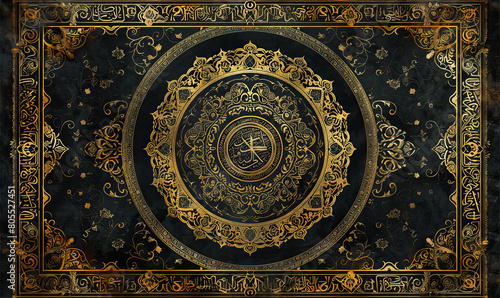 A close-up view of an ornate mandala design with gold accents. Generate AI