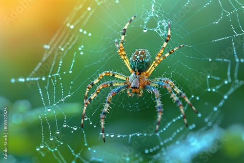 Vibrant spider on dewy web closeup shot