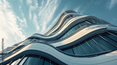 The highrise curved reflective architecture under the brightest clear sky day that a large and uncountable amount of room and curved mirror or curved glass that can reflect light form the sun. AIGX03.