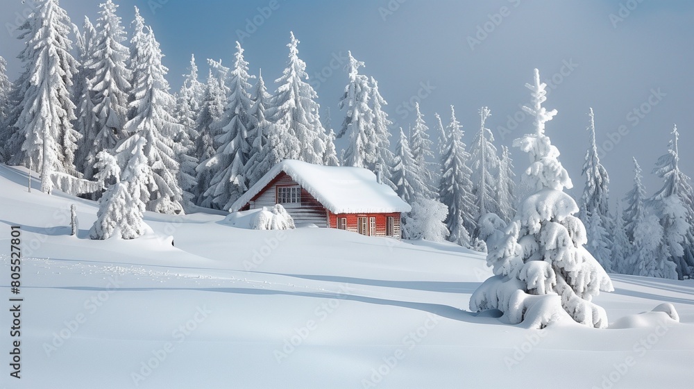 A peaceful winter scene with snow-covered trees and a small cottage, ideal for a YouTube thumbnail