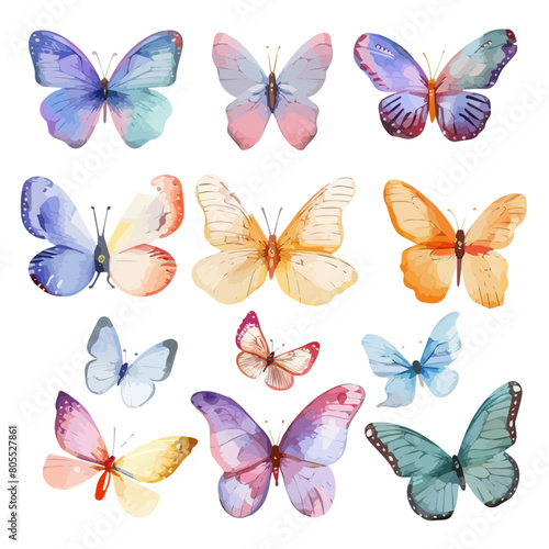 Watercolor painting of a colorful butterfly set, isolated on a white background, colorful butterfly vector, drawing clipart, Illustration Vector, Graphic Painting, design art, logo