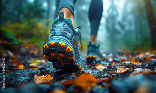 Trail Running Athletic Woman Hiker Forest Path Sport Lifestyle Active Person Workout Outdoors One Person Sport Shoes Exercise Fitness Healthy photo
