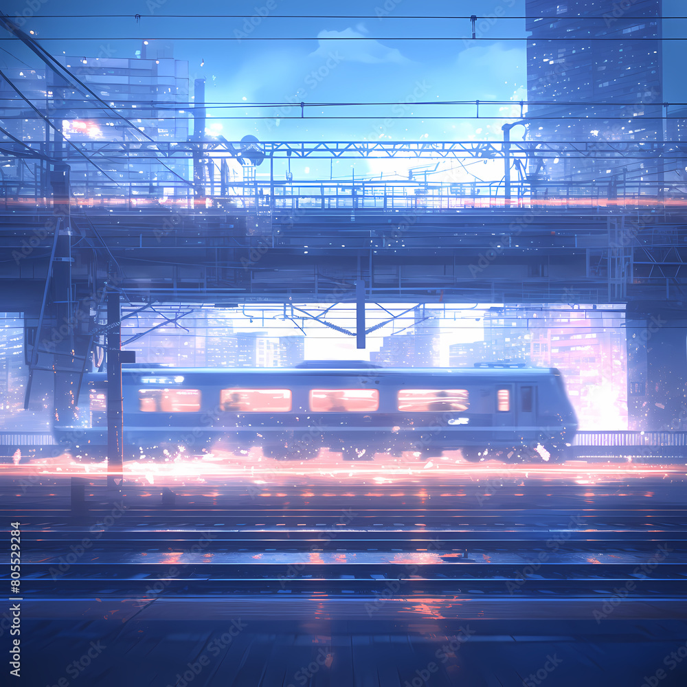 Urban Passage - A city railway crossing captured mid-motion with neon lights and futuristic ambiance.