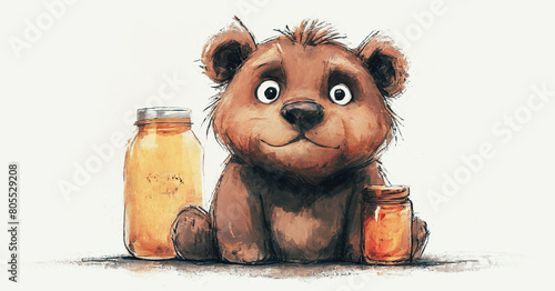 illustrazione con piccolo cucciolo di orso dallo sguardo simpatico con vasetti di miele photo