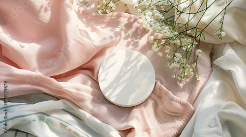 An ultra-detailed top-view photograph of a white simple mock-up foundation cushion packaging with no pattern placed on a soft pastel blanket, surrounded by a whimsical picnic arrangement
