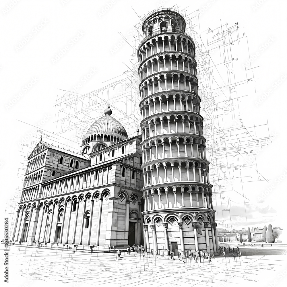 An Intricate Pencil Sketch Capturing the Ancient Grandeur of the Famous Leaning Tower in Italy