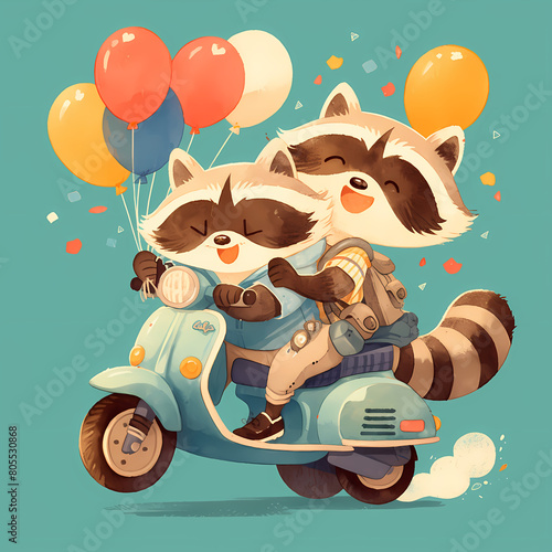 Delightful Illustration of Two Raccoons Enjoying an Exciting Ride on a Vespa with Balloons