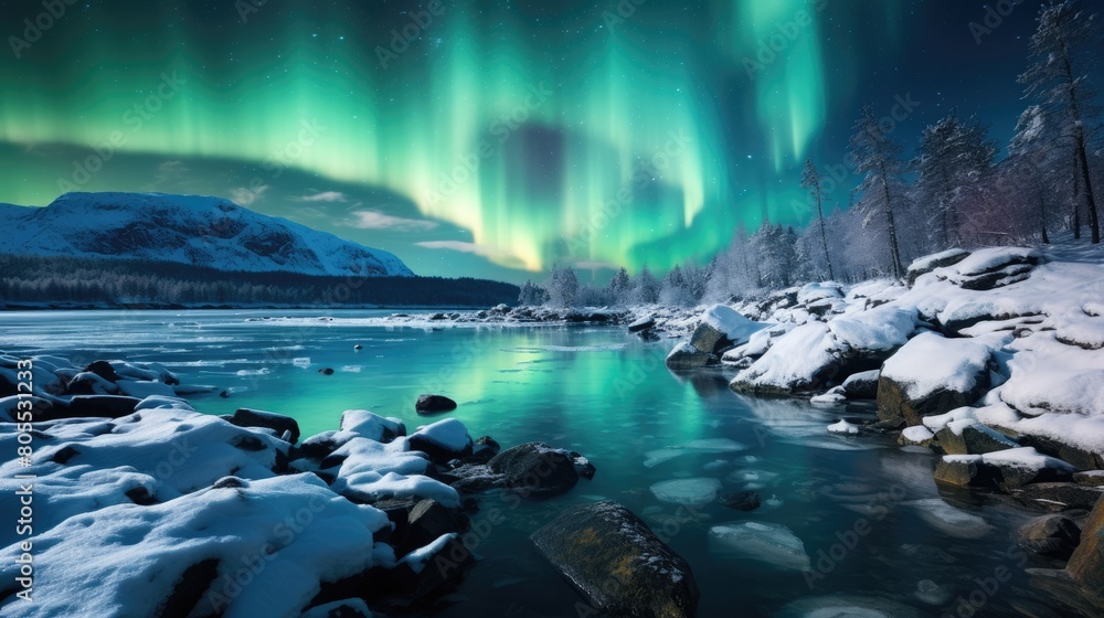Breathtaking northern lights over frozen lake