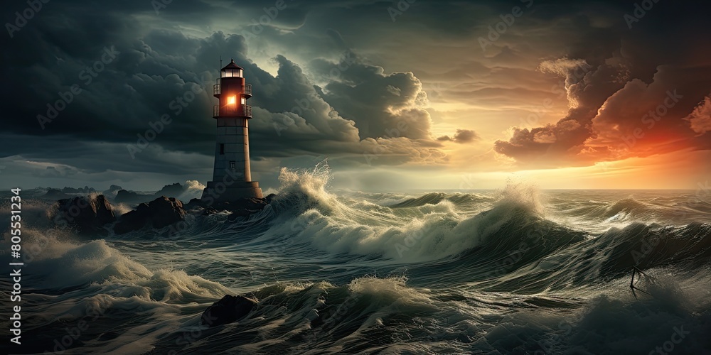 Dramatic stormy seascape with lighthouse