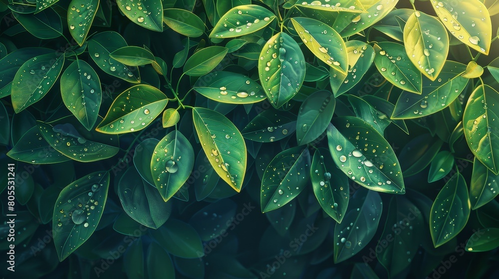 Fototapeta premium Fantastic illustration of leaves and sparkling water droplets