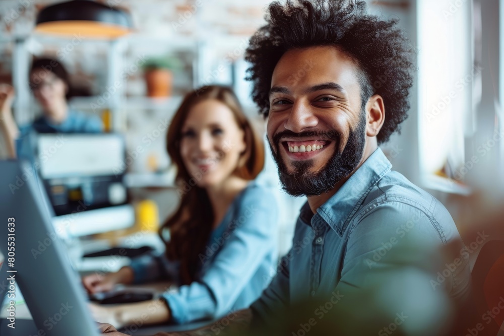Portrait of success business colleagues working, smiling together in office, Generative AI Portrait of success business colleagues working, smiling together in office, Generative AI