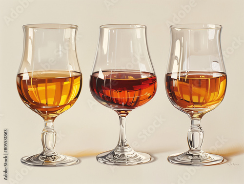 Trois verres d'alcools forts : cognac, armagnac, calvados, liqueur, eau de vie, rhum ambré