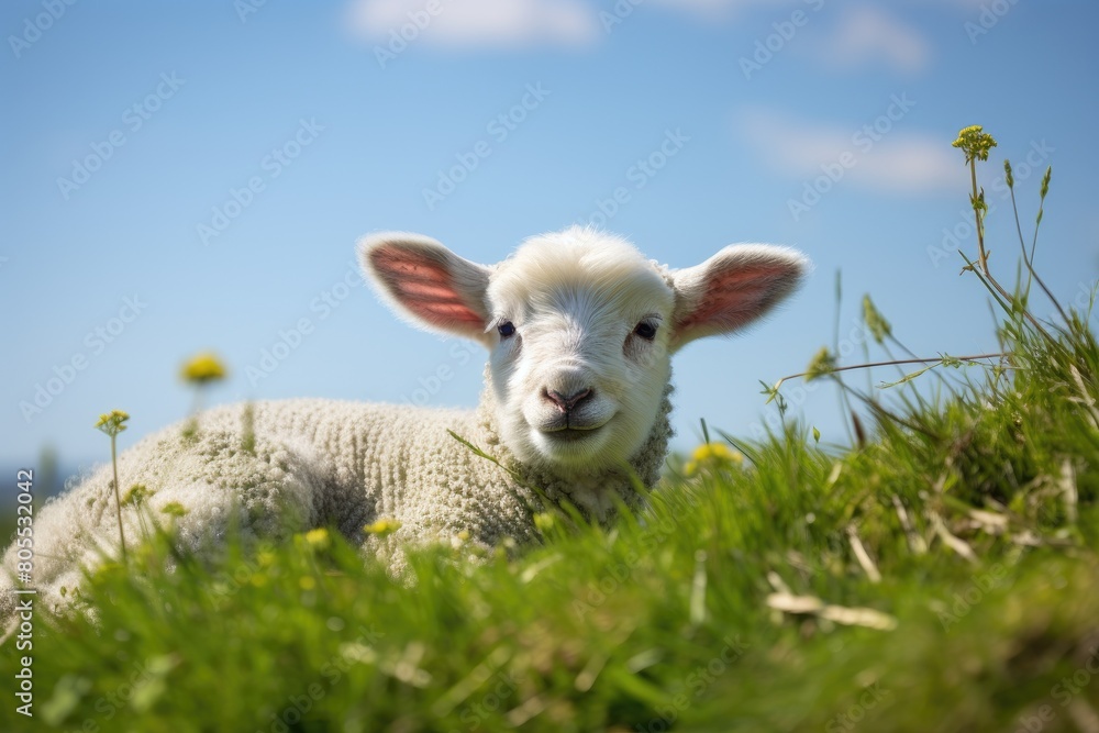 Adorable lamb in grassy field