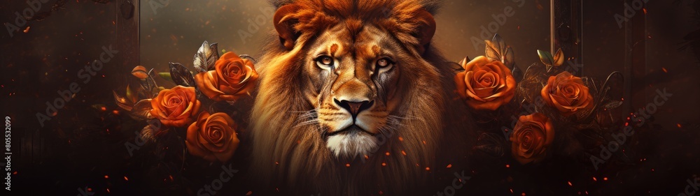 Fototapeta premium majestic lion surrounded by orange roses
