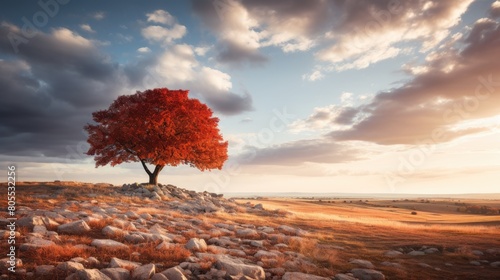 Vibrant autumn tree on rocky hill overlooking scenic countryside