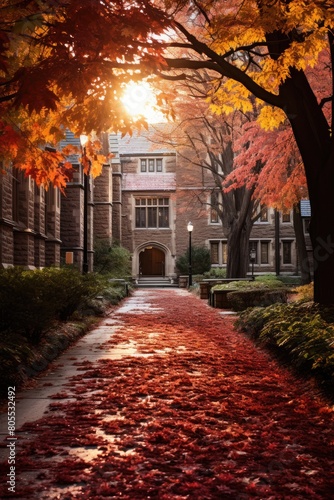 Autumn leaves cover the path to a historic stone building