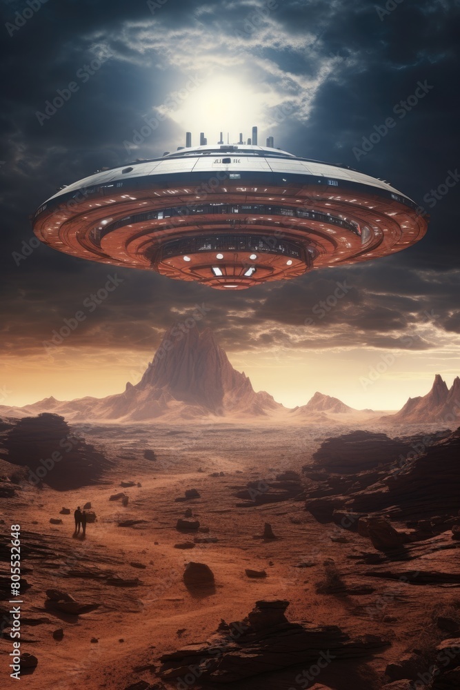 Futuristic alien spacecraft hovering over a desolate desert landscape Futuristic alien spacecraft hovering over a desolate desert landscape