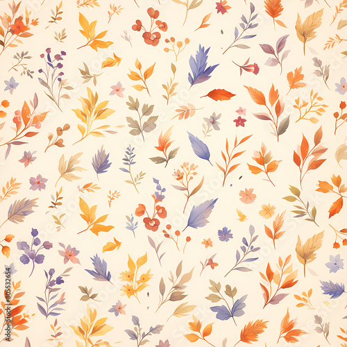 A stunning hand-painted watercolor floral pattern that evokes the beauty and tranquility of autumn. This intricate design features a variety of leaves and flowers in rich autumnal hues, making it