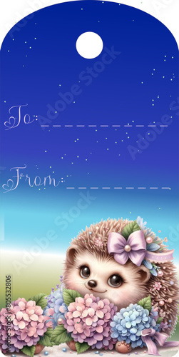 labels or tag- HEDGEHOG with pink bow among the hydrangeas with white writing on a blue. Vector printable stickers to label gifts,, card, , cricut	