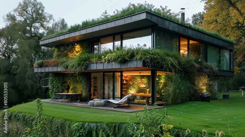Environmentally friendly house showcasing eco innovations and green design