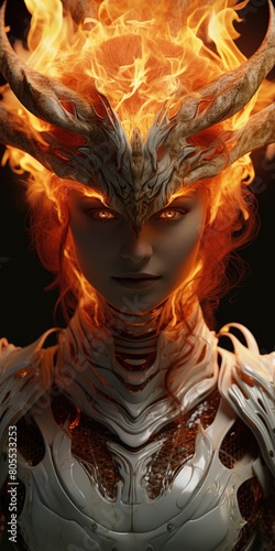 Fiery fantasy warrior with glowing eyes and intricate headpiece