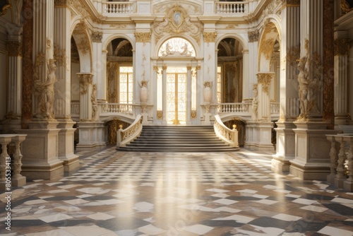 Opulent palace interior with grand staircase