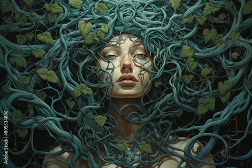 surreal fantasy portrait of woman with flowing green vines