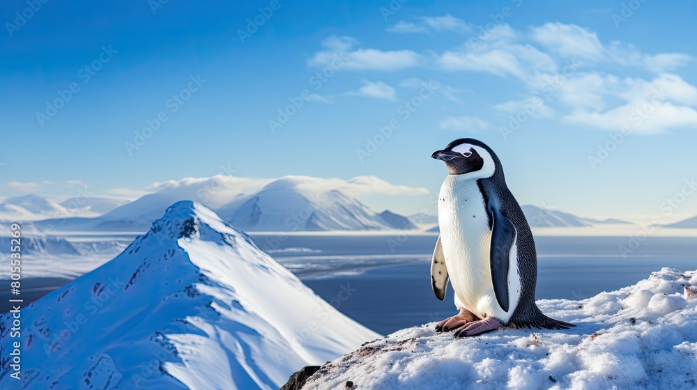 Penguin on snow-capped mountain with blue sky