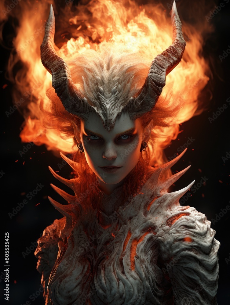 Demonic creature with horns and fiery background