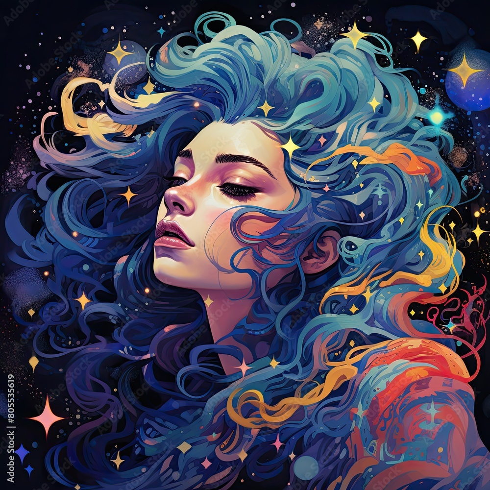 Dreamy cosmic portrait of a woman with flowing hair