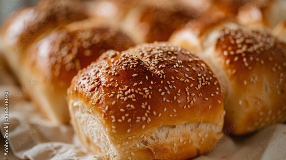 A close-up of a bread roll topped with sesame seeds, highlighting its crunchy exterior and soft, pillowy interior, perfect for sandwiches.