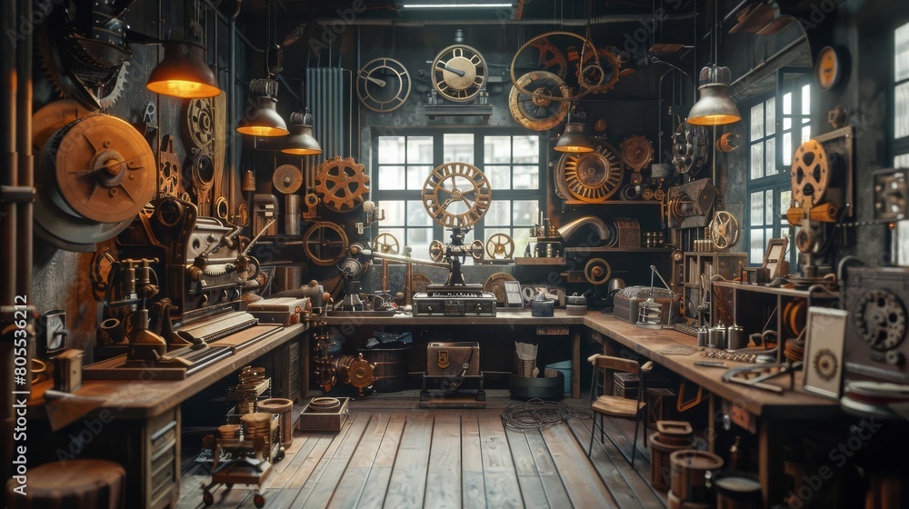 A vintage mechanical workshop with rustic gears and machinery operated by an elderly craftsman