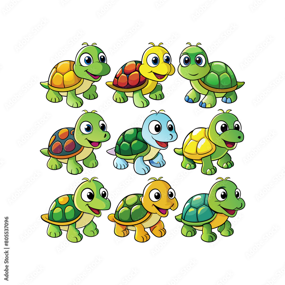 Obraz premium a cartoon drawing of turtles with different colors.