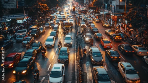 A congested city intersection during rush hour, showcasing chaotic traffic with cars and motorcycles navigating through crowded lanes. © Plaifah