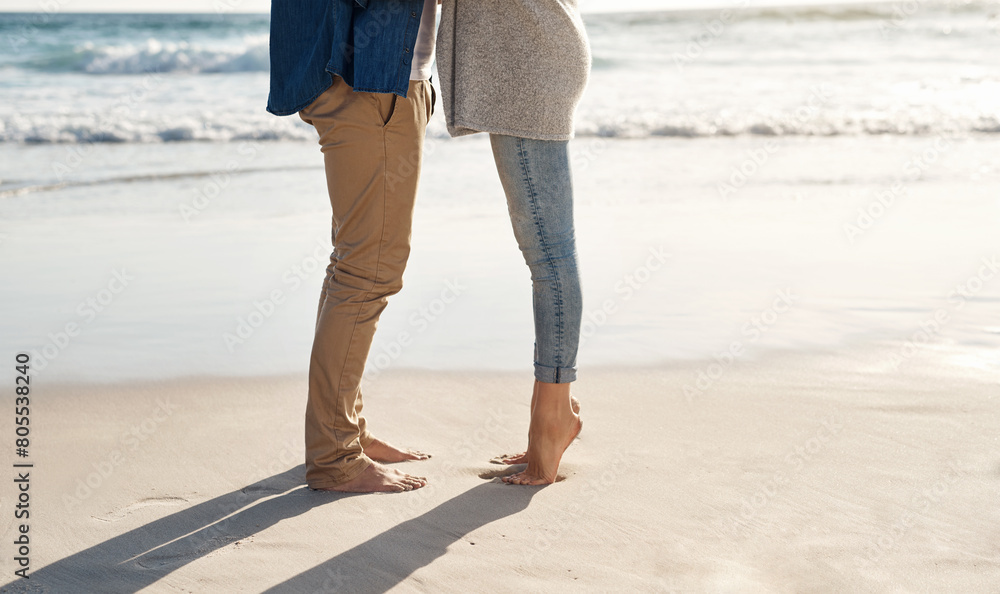 Couple, legs and sand at beach with water for sunshine, holiday romance, love together and honeymoon travel. Woman, man and feet in ocean for summer vacation, wellness and relationship in Argentina