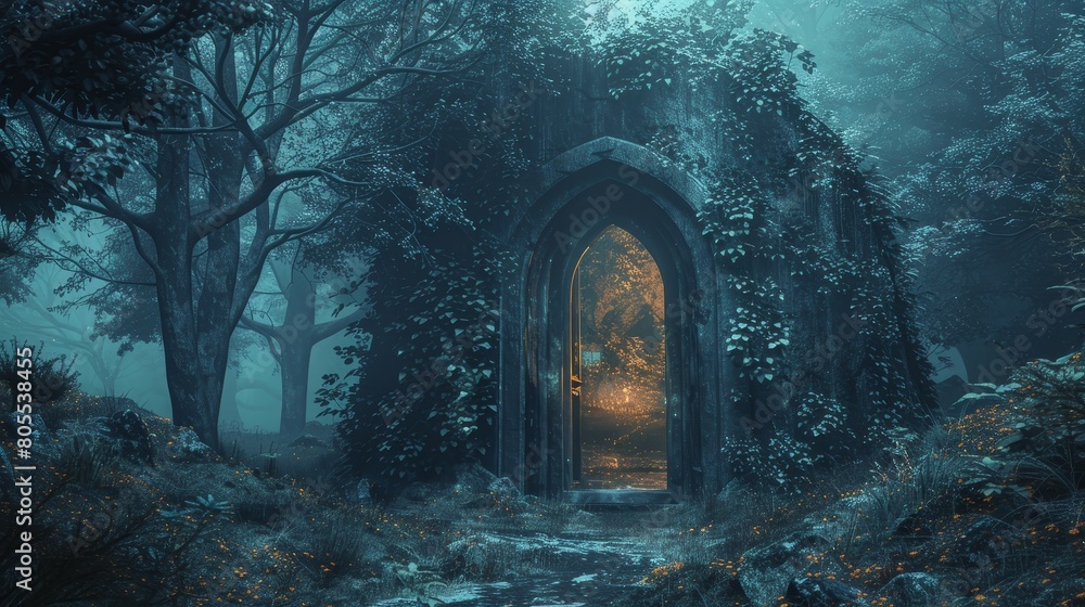 Obraz premium Enchanted Doorway in a Moonlit Forest. 