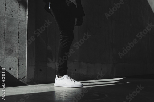 Amidst the darkness, a handsome individual strikes a pose, his attire a symphony of black hues complemented by the crisp brightness of his white shoes, creating a captivating visual. photo