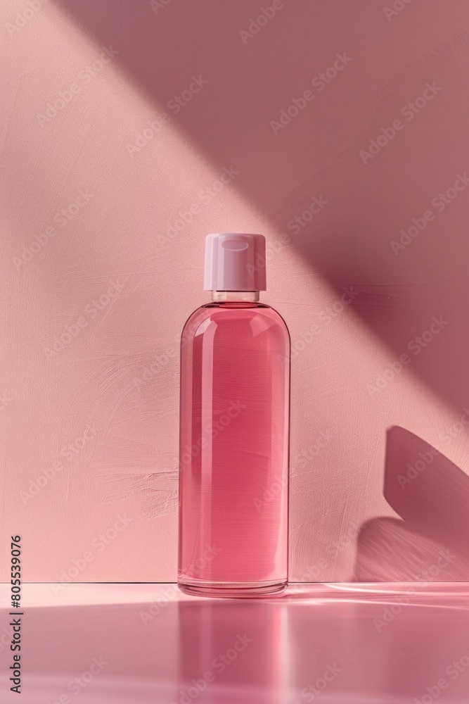 Chic perfume bottle casting a warm pink shadow, ideal for conveying a sense of luxury. Chic perfume bottle casting a warm pink shadow, ideal for conveying a sense of luxury.