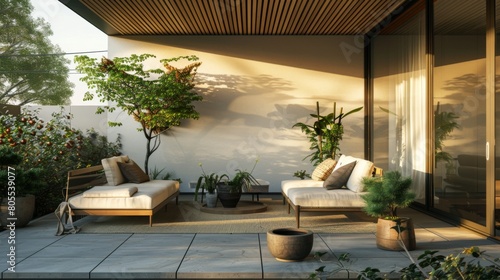 A cozy minimalist patio with sleek outdoor furniture, potted plants, and minimalist decor, offering a serene retreat for relaxation. © Plaifah